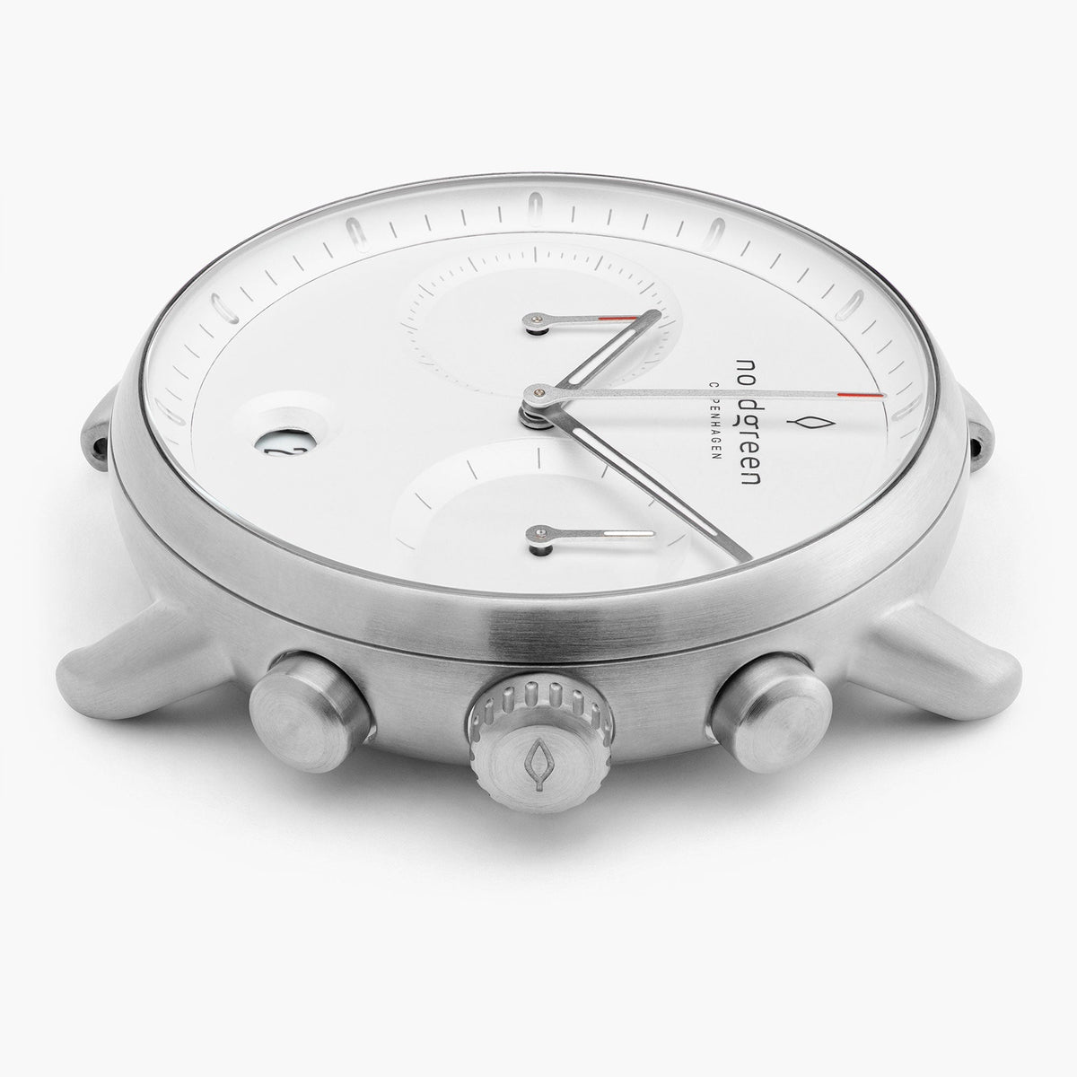 Side profile of the silver-tone case with crown and two pushers.