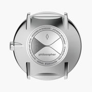 Engraved silver-tone case back, shown without the strap.