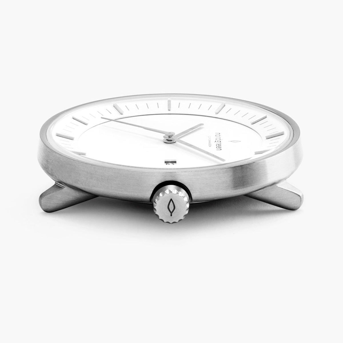 Edge-on view of the silver-tone case, lugs and crown without the strap.