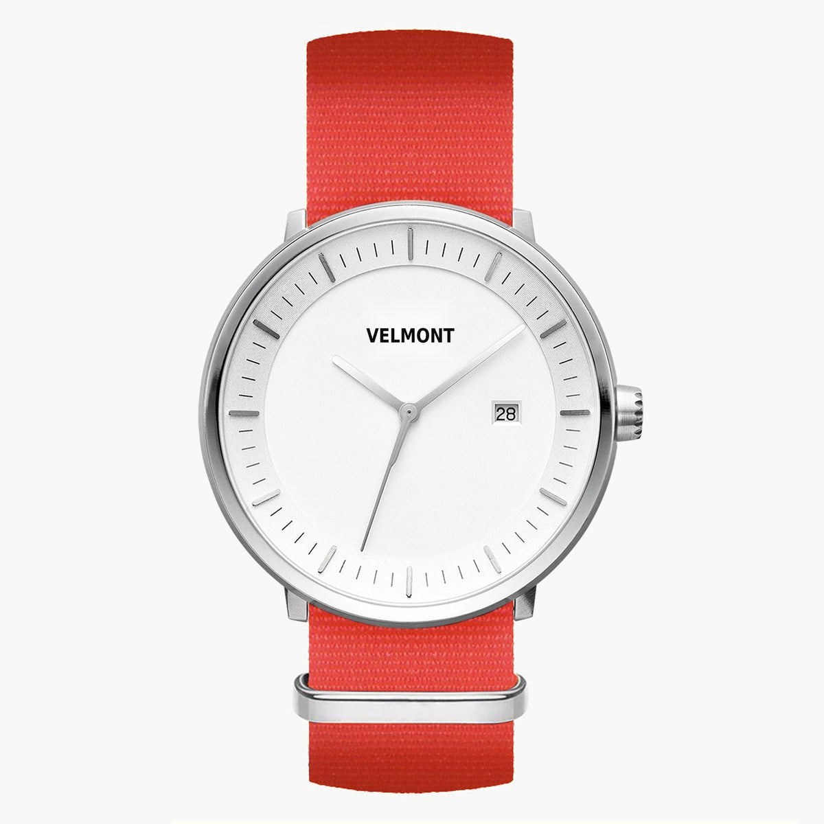Watch with a white dial and silver-tone case on a bright red woven strap.