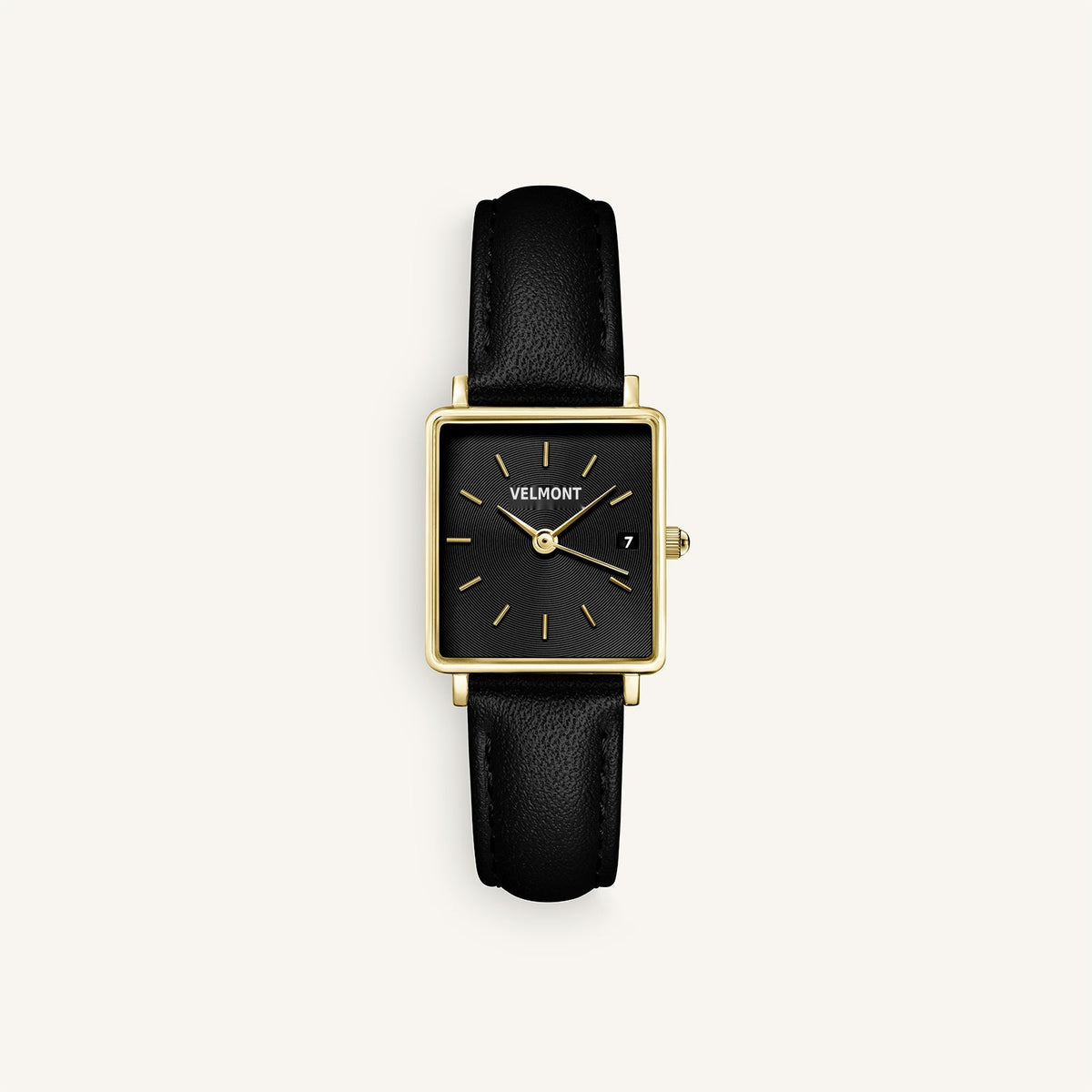 Gold-tone square watch with black dial and black strap, front view