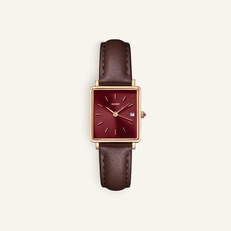 Rose gold-tone square watch with burgundy dial and dark brown strap, front view