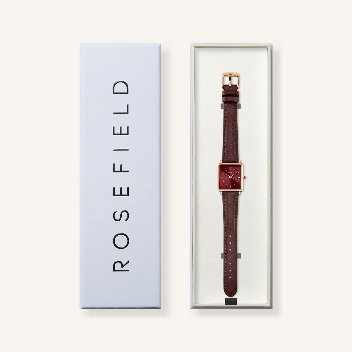 Burgundy-dial watch in its gift box