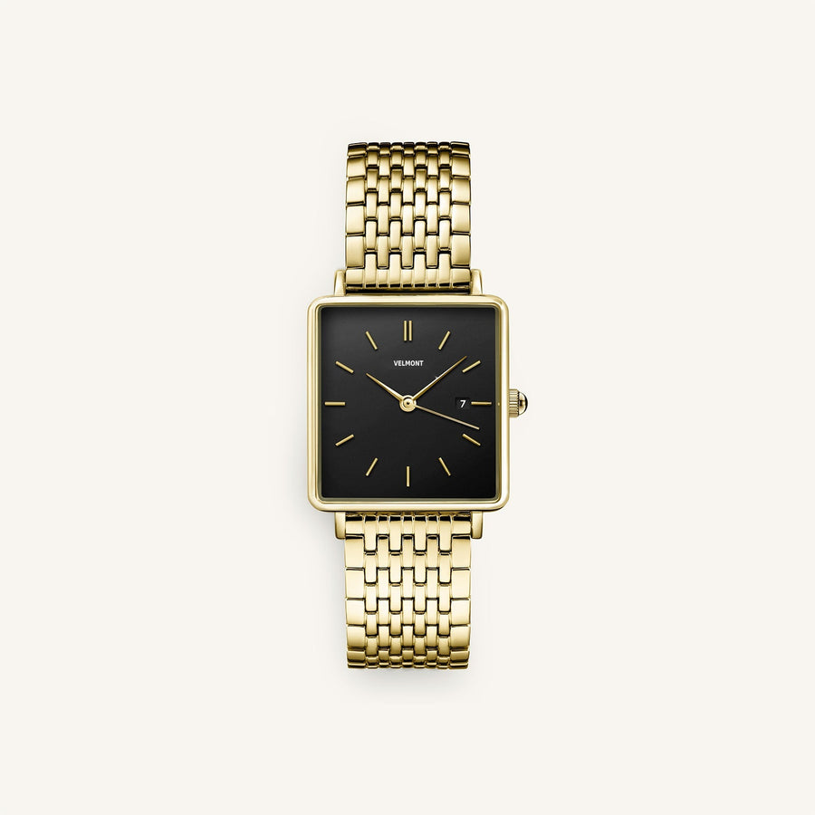 Gold-tone square watch with black dial, front view