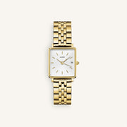 Gold-tone square watch with white dial, front view