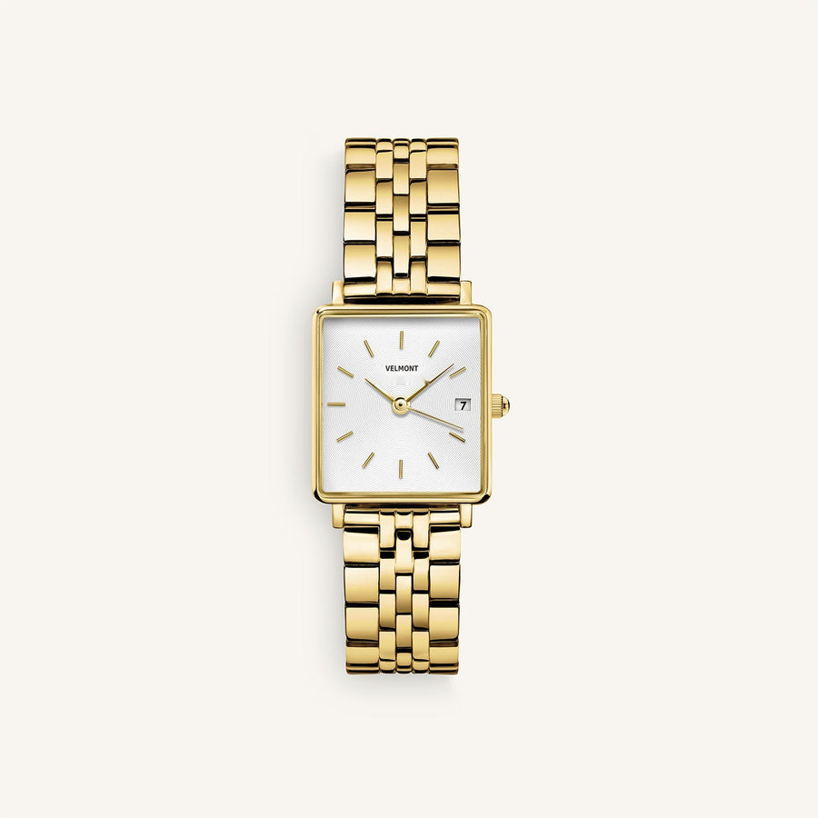 Gold-tone square watch with white dial, front view
