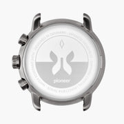 Rear view of the gunmetal chronograph-style case and engraved back.