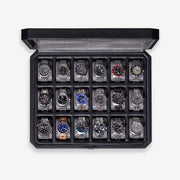 Eighteen-slot display case from above, filled with watches