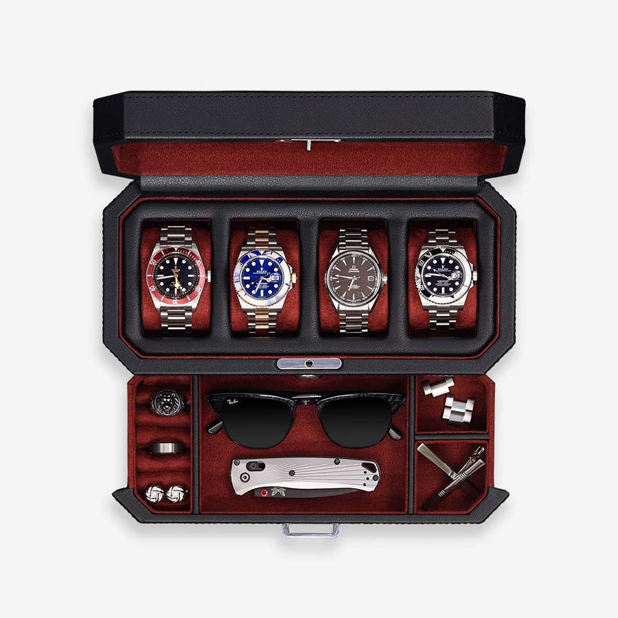 Four-slot watch box from above with red interior, watches and accessory drawer