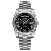 Steel watch with black dial and fluted bezel