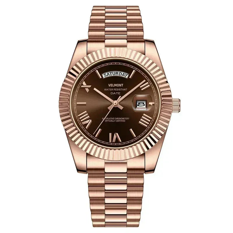 Rose gold-tone watch with brown dial and fluted bezel