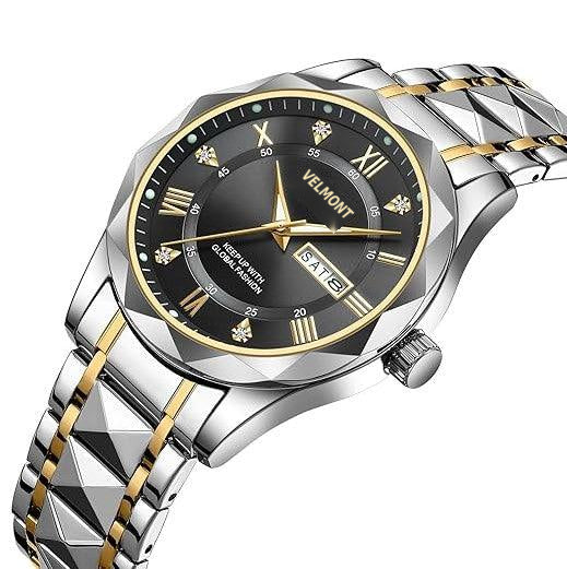 Black dial two tone watch at an angle