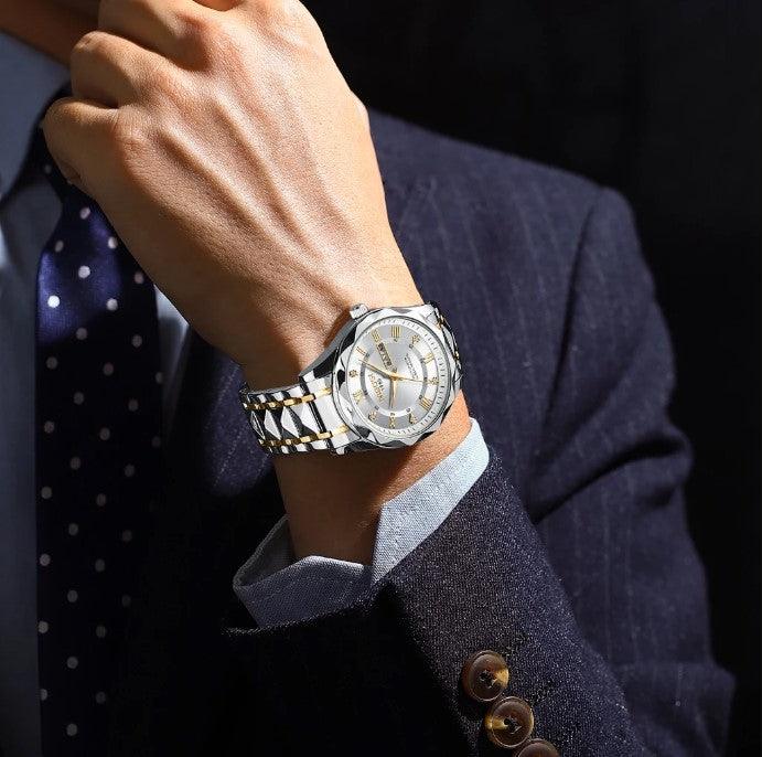 White dial watch worn with a suit