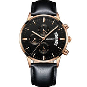 Black dial rose gold-tone chronograph on a black strap