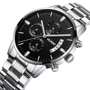 Silver and black watch at an angle