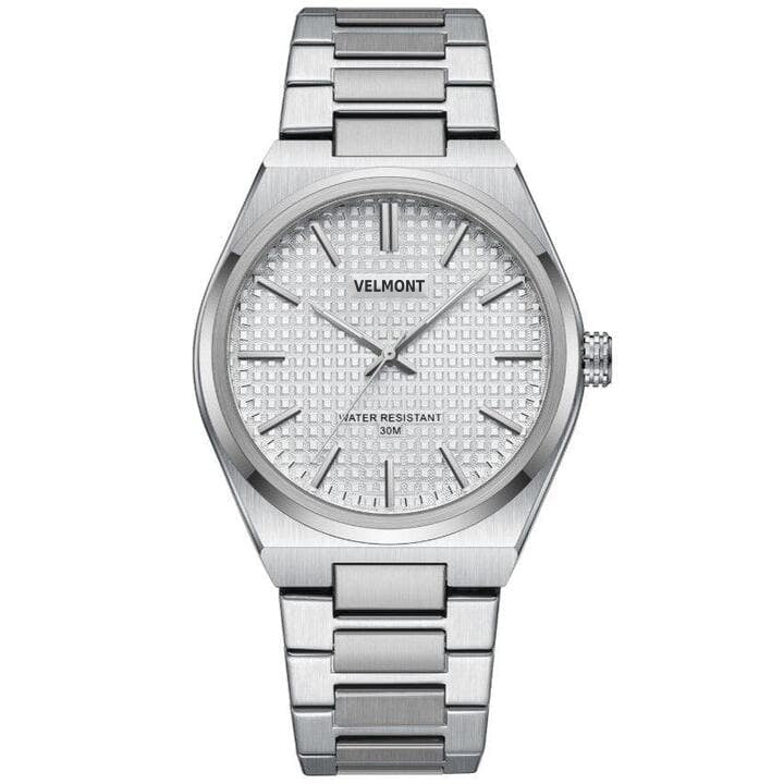 Steel watch with white waffle dial