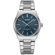 Steel watch with blue waffle dial