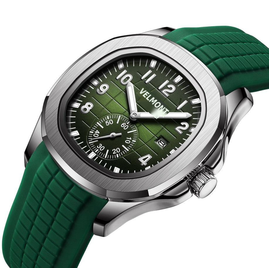 Green-dial rubber strap watch at an angle showing the crown