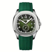 Silver-tone watch with green grid dial and green rubber strap, front view