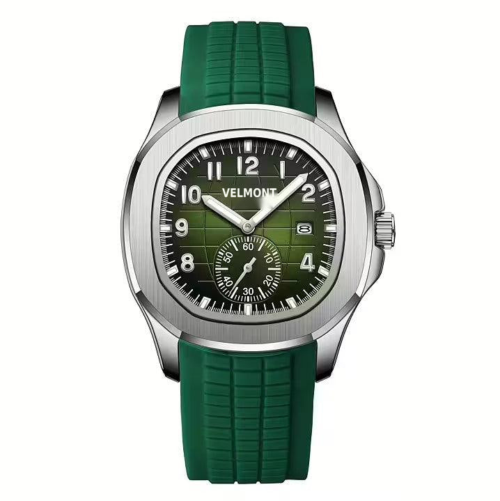 Silver-tone watch with green grid dial and green rubber strap, front view