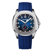 Silver-tone watch with blue grid dial and blue rubber strap, front view