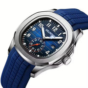 Blue-dial rubber strap watch at an angle