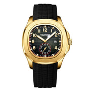 Gold-tone watch with black grid dial and black rubber strap, front view