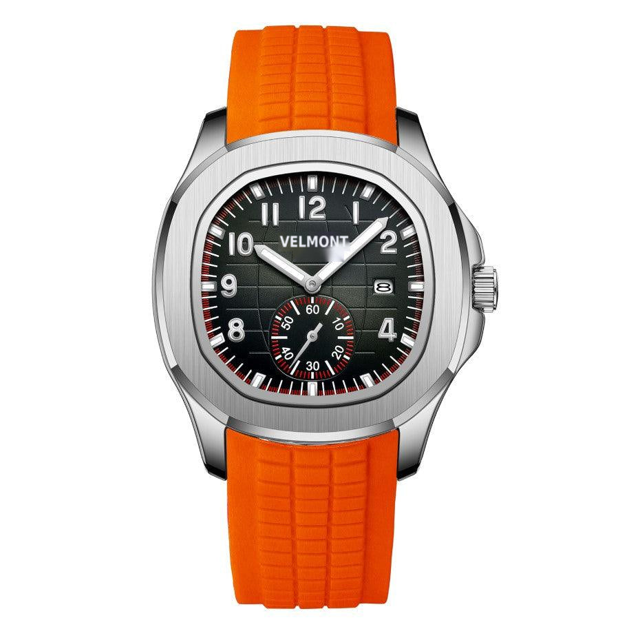 Silver-tone watch with black dial and orange rubber strap, front view