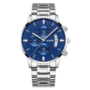 Silver watch with blue dial