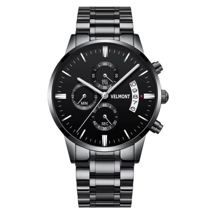 Black dial watch with three sub-dials on a steel bracelet
