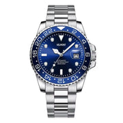 Blue bezel and blue dial on a steel bracelet