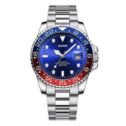 Red and blue bezel with blue dial