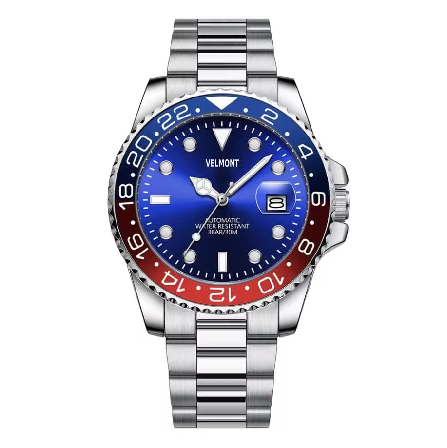 Red and blue bezel with blue dial