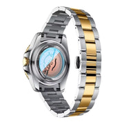 Exhibition case back on a two-tone bracelet