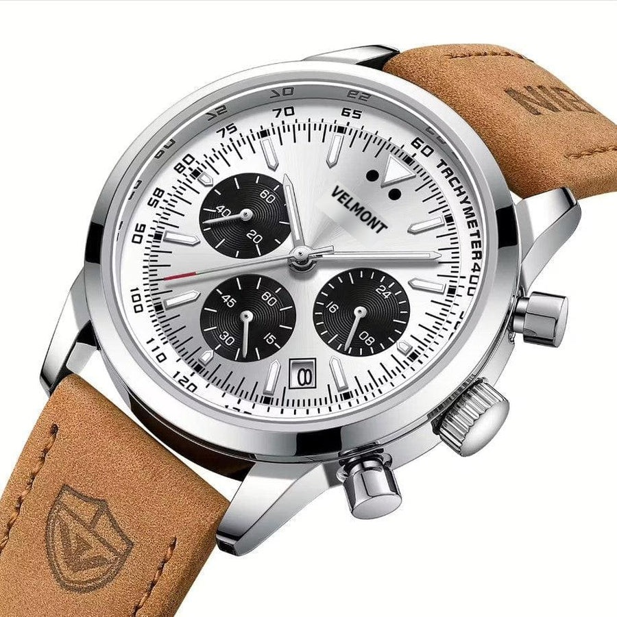 Silver dial chronograph at an angle