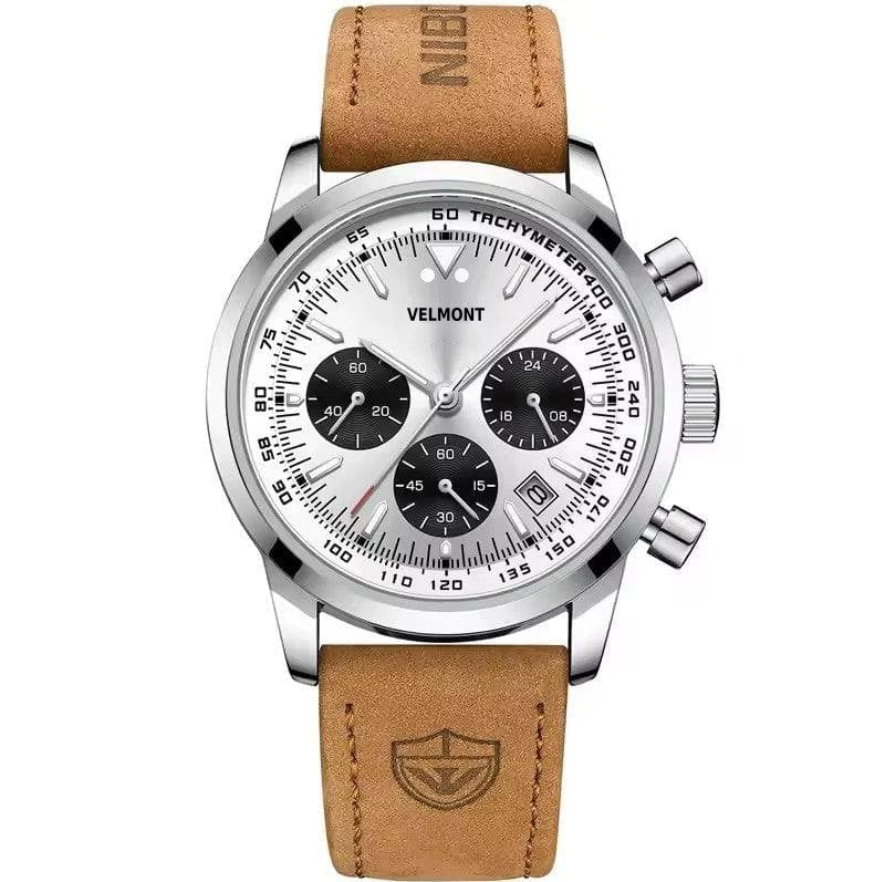 Silver dial chronograph with tan strap
