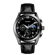 Black dress watch with Roman numerals on black strap
