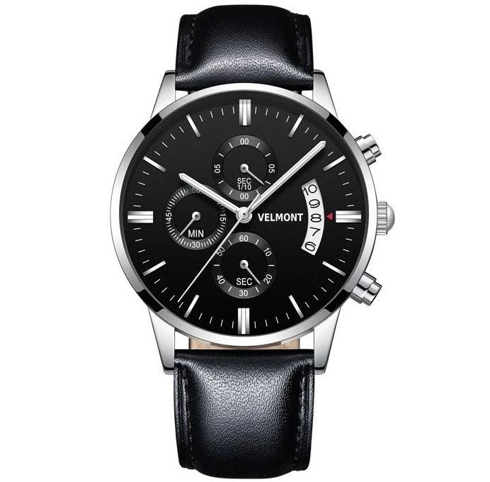 Black dial steel chronograph on a black strap
