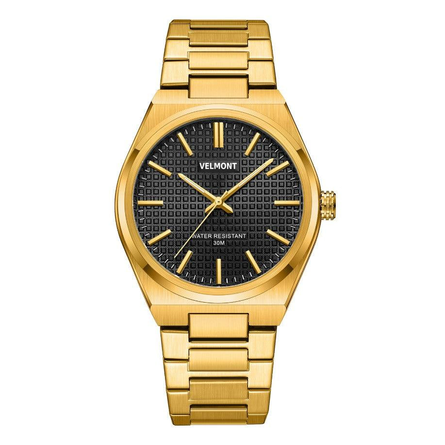 Gold-tone watch with black waffle dial
