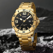 Gold-tone watch on a rock