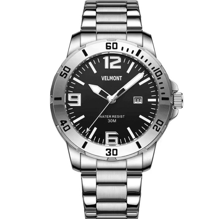 Steel watch with black dial and numbered bezel