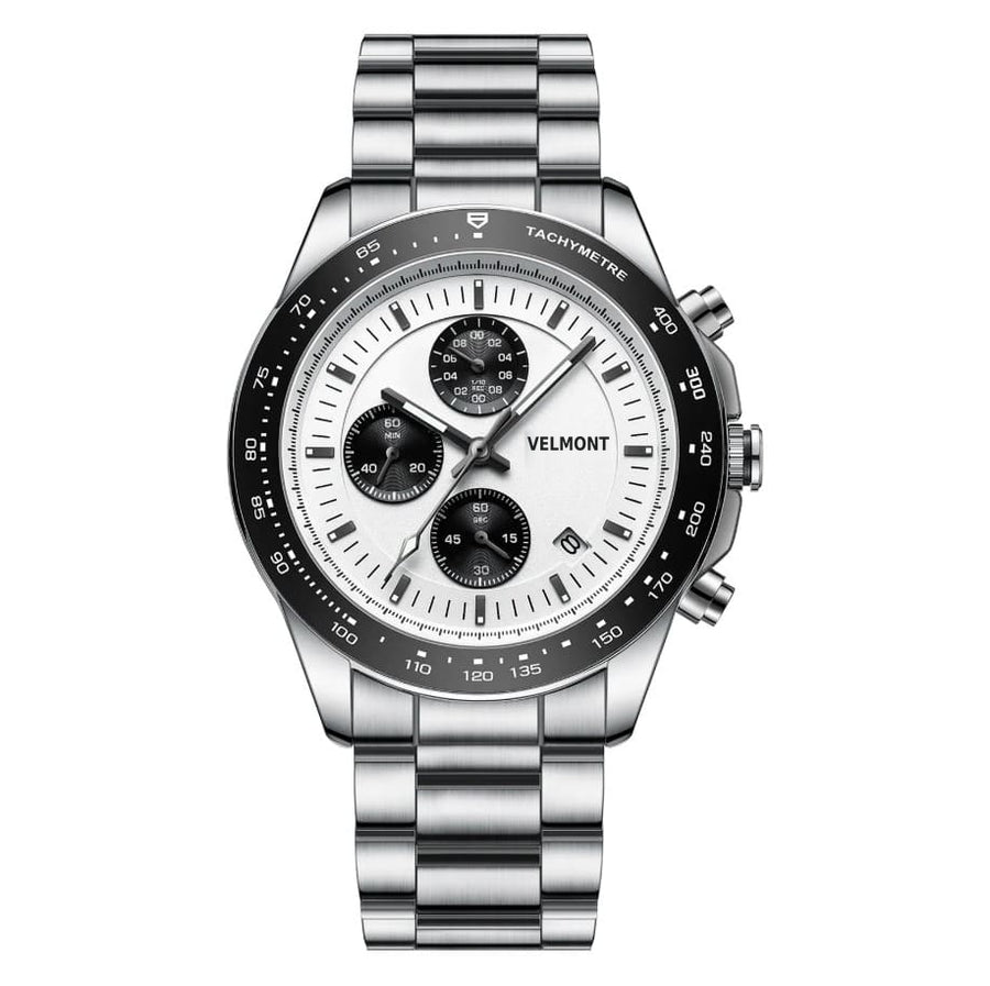 Panda dial chronograph on a steel bracelet