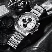 Panda chronograph on a black leather jacket