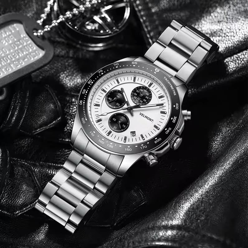 Panda chronograph on a black leather jacket