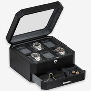 Six-slot watch box with three watches and open drawer