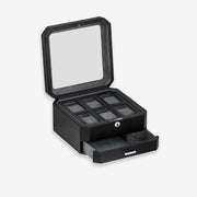 Empty six-slot watch box with glass lid open and drawer pulled out