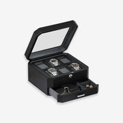 Six-slot watch box with three watches and sunglasses in the drawer