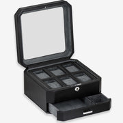 Empty six-slot watch box with open glass lid, front view