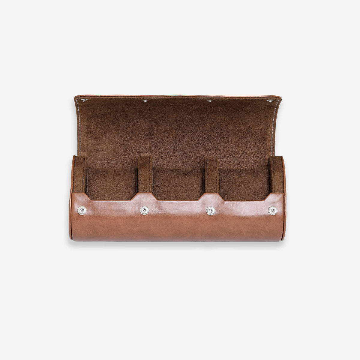 Open tan watch roll with flap raised