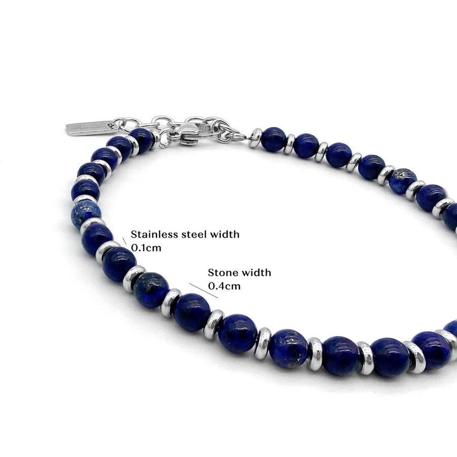 Close-up of the blue beads and steel spacers with size notes